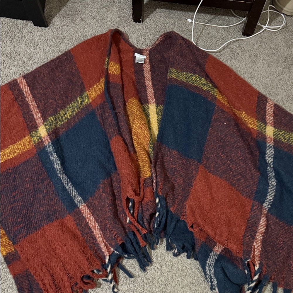Studio Multicolor Plaid Fringe Poncho